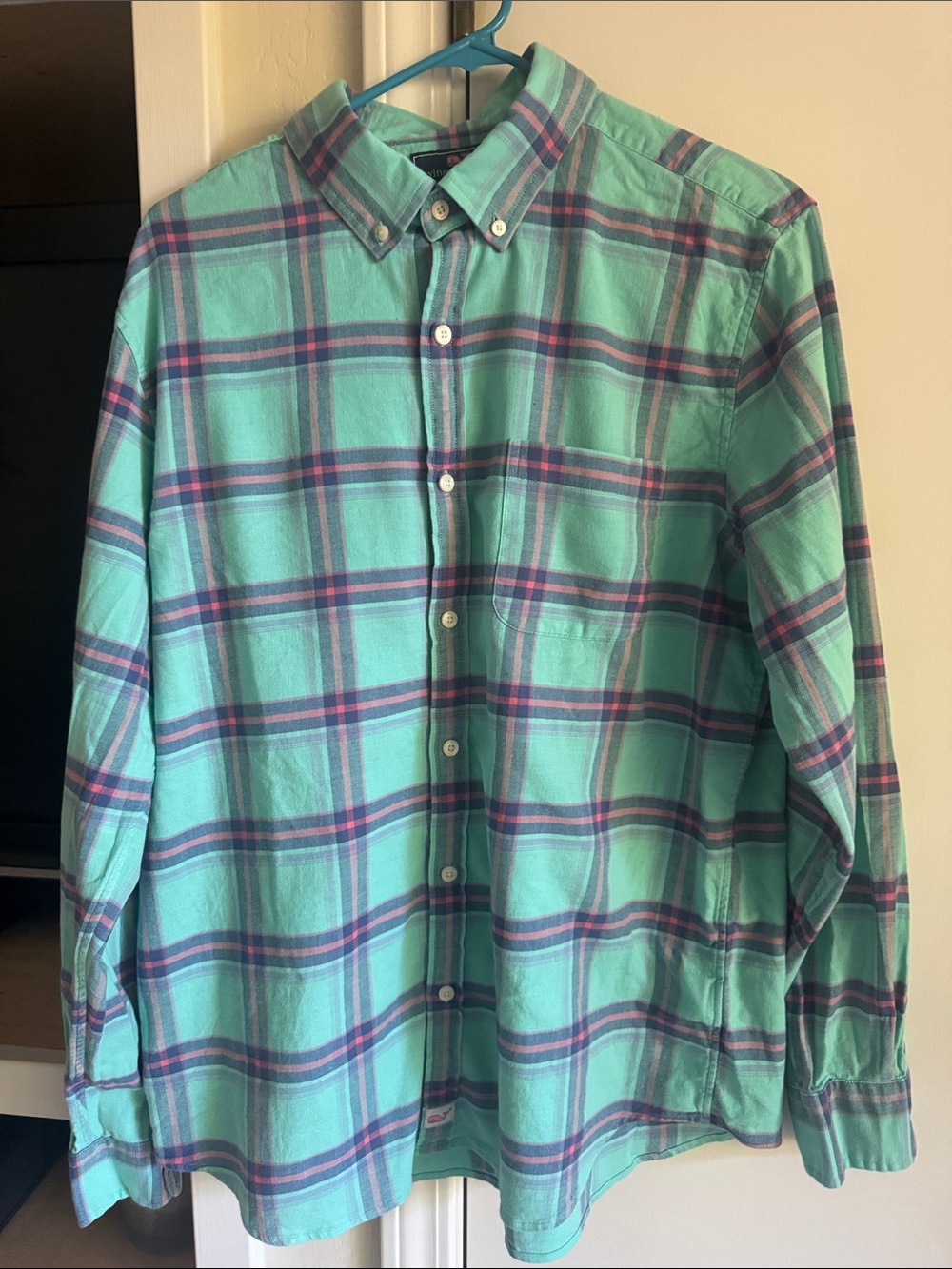 Vineyard Vines Men's Mint and Navy Plaid Button-Down Shirt